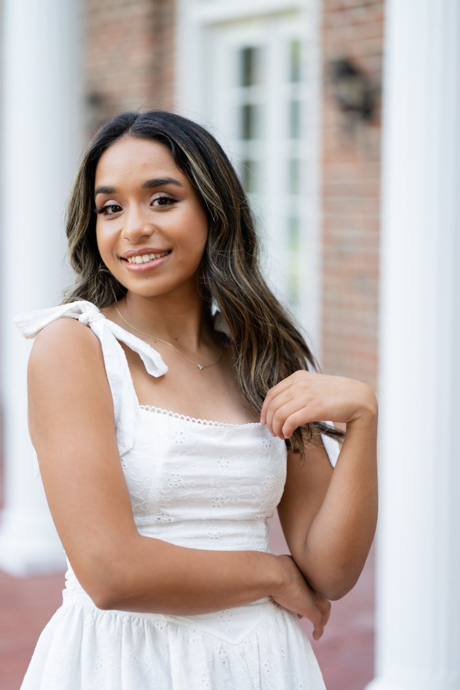 Senior portraits against the classic architecture at Roaring Springs Park